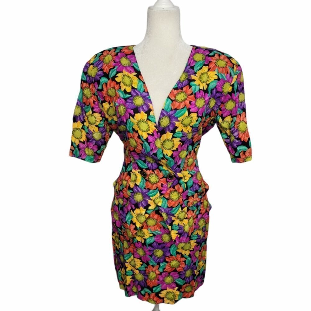 VINTAGE 80s set rainbow floral rayon skirt and top set S